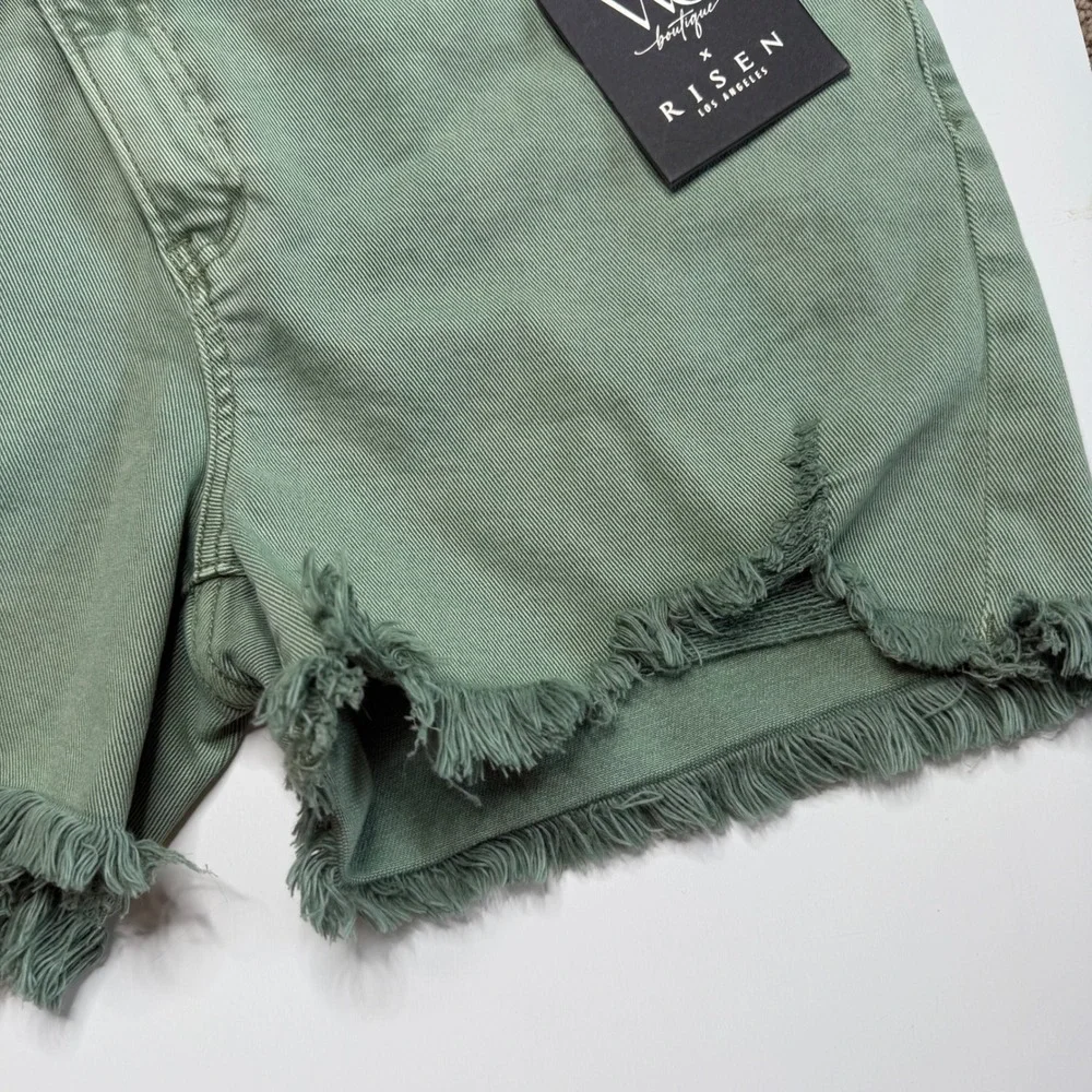 RISEN JEANS Asymmetrical Crossover Olive Green Distressed Shorts Women's XL NEW